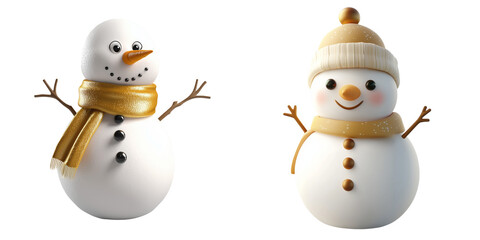 Set of a cute snowman icon, gold and white color theme, isolated on transparent background.