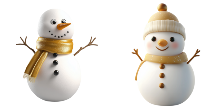 Set of a cute snowman icon, gold and white color theme, isolated on transparent background.