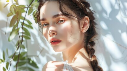Fototapeta premium Sunlit Beauty: A Portrait of a Young Woman with Braids Basking in the Warm Sunlight