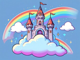 Enchanted Castle on a Cloud: A whimsical illustration of a fairytale castle nestled on a fluffy cloud, adorned with a vibrant rainbow and sparkling stars, evoking a sense of magic and wonder.