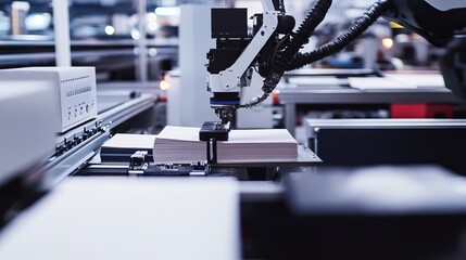 A robot handling automated book binding in a sleek, high-tech printing press with clean, organized binding stations and advanced bookbinding machinery