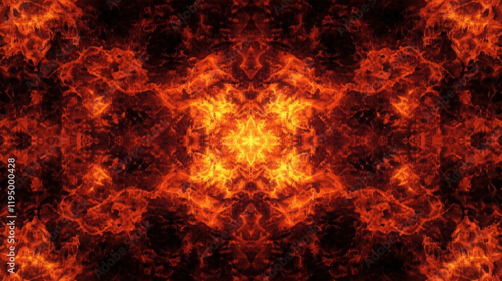 Poster abstract symmetrical pattern featuring red and orange flames against a dark background