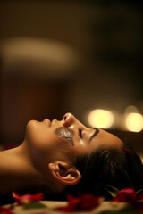 Woman Receiving Luxurious Spa Facial Treatment for Glowing Skin, Relaxing Beauty Therapy in a Serene Wellness Environment, Nourishing Skincare Ritual