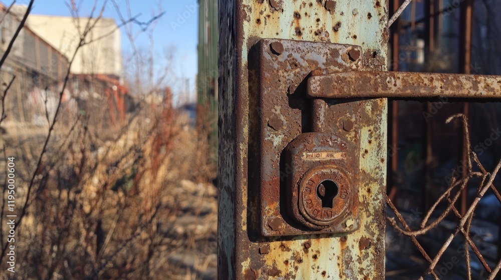 Poster a rusty lock secures a weathered metal gate, surrounded by the decay of urban life, evoking a sense 