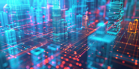 Digital Cityscape: Wireframe Buildings and Network Connections