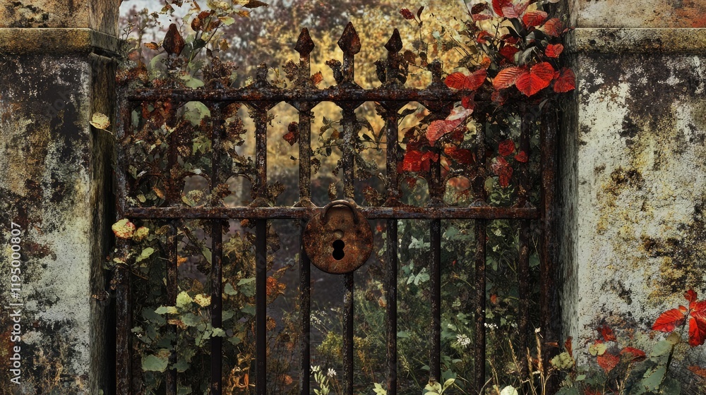 Poster a rusty lock secures a weathered metal gate, symbolizing the quiet decline of urban spaces and the w