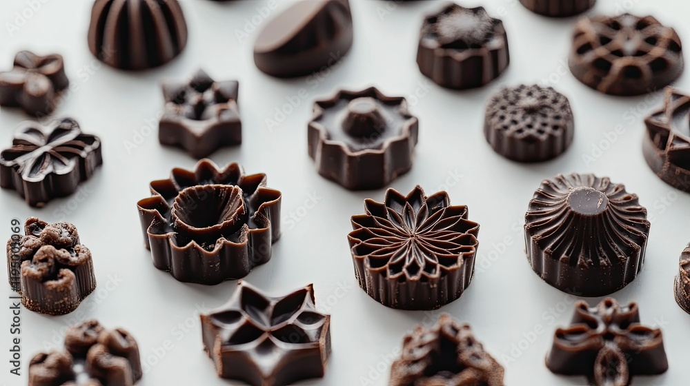 Poster a simple and clean image of chocolate pieces with intricate details on a white surface, perfect for 