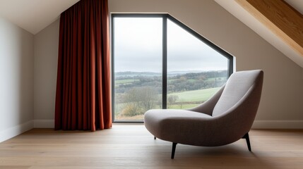 Fototapeta premium rustic interior design, burgundy curtains accent a large window with countryside views, complemented by wooden beams and earthy tones