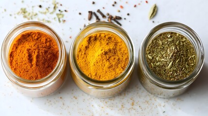 Colorful spices in jars, vibrant orange, yellow, and green spices arranged on a white surface, culinary inspiration and creativity.