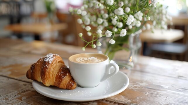 Coffee with a croissant on a breakfast table