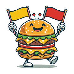 Cheerful burger mascot holding two flags