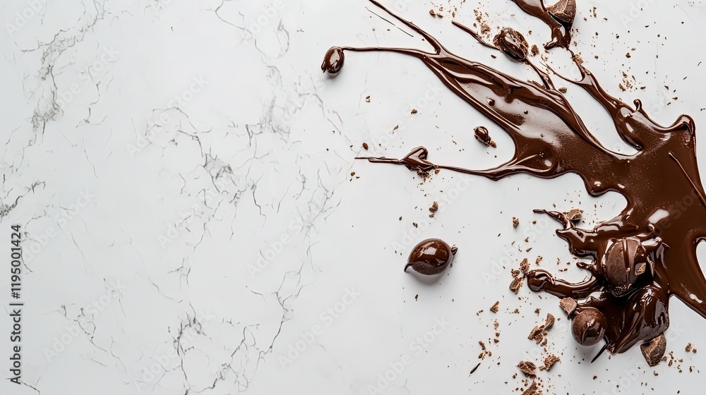 Poster a simple top view of melted chocolate drizzling on a clean surface, offering space for branding or c
