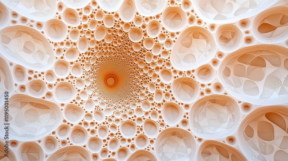 Poster abstract spiral pattern of soft spheres in warm tones with depth and complexity in a unique design