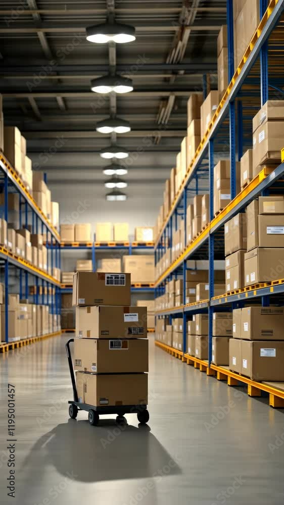 Poster a large warehouse features neatly arranged shelves filled with cardboard boxes. a cart stands ready 