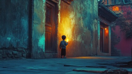 Obraz premium Silhouette of a kid Standing in a Digital Art Installation 