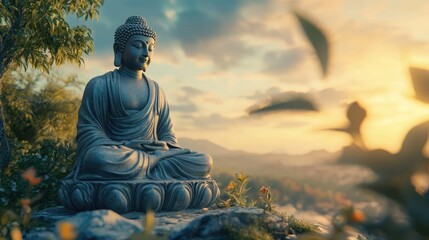 Obraz premium A serene Lord Buddha statue in a peaceful setting, radiating calm and tranquility, symbolizing wisdom and enlightenment.