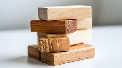 Wooden building blocks stacked neatly, natural wood texture, promotes creativity, perfect for educational play and design.