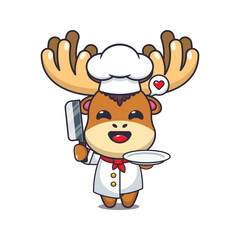 chef moose mascot cartoon character with knife and plate.