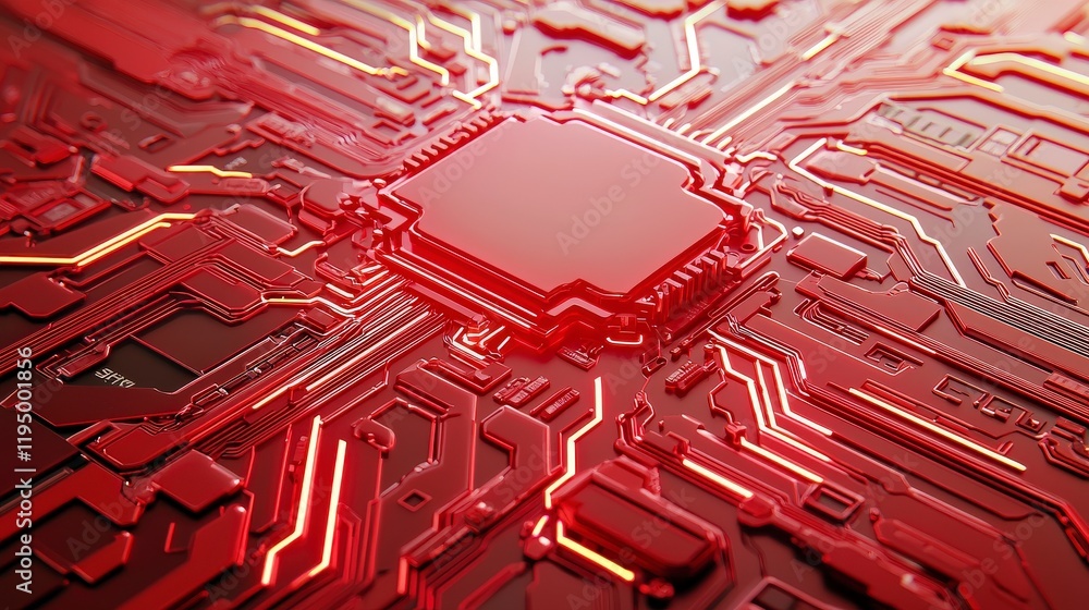 Poster high-tech circuit board design with red glow and intricate pattern of components and connections