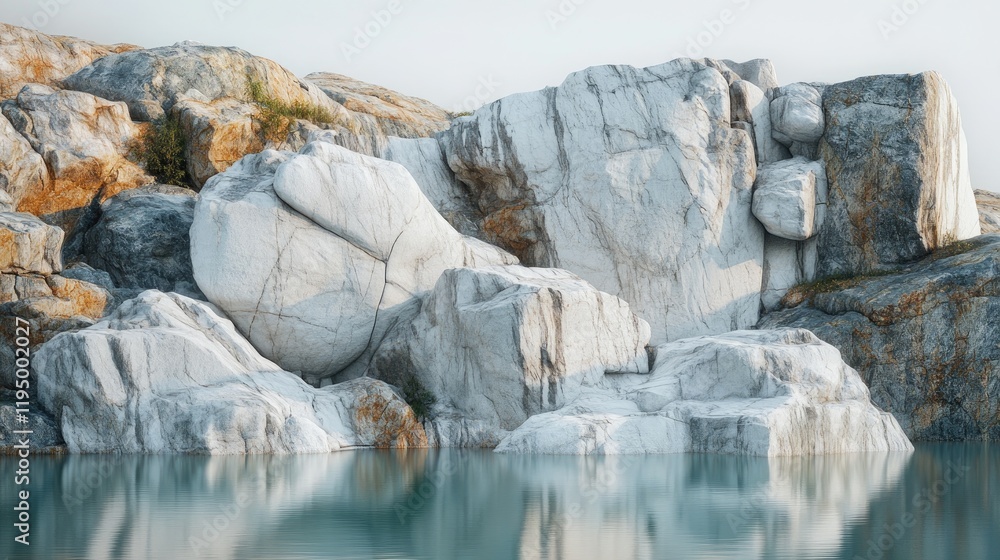 Poster A serene view of large white marble rocks in an empty quarry, highlighting their smooth edges and natural beauty in the context of marble mining.