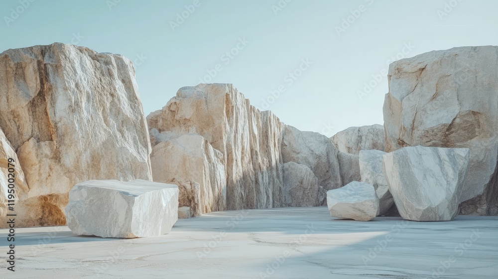 Poster A serene view of large white marble rocks in an empty quarry, highlighting their smooth edges and natural beauty in the context of marble mining.