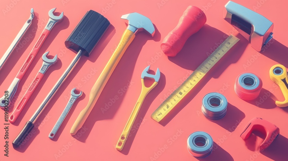 Poster assorted hand tools arranged on pink background.