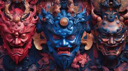 Fototapeta premium A series of intricate, colorful masks with fierce, expressive faces, in vibrant blue and red, set against a richly ornate background.