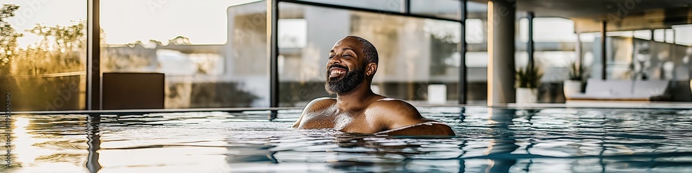 Poster a man is swimming in a pool. he is smiling and enjoying himself. the pool is surrounded by a glass w