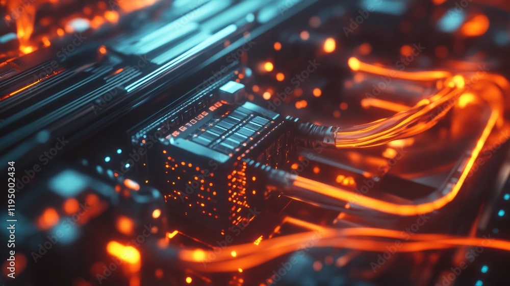 Poster A server room filled with interconnected servers and bright orange cables, illustrating complex data processing and storage in a technological environment.