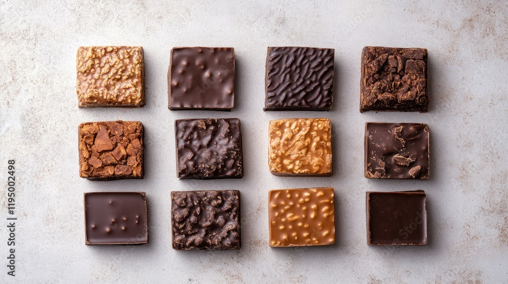 Poster a top-down image of assorted chocolate squares with different textures on a plain background, ideal 