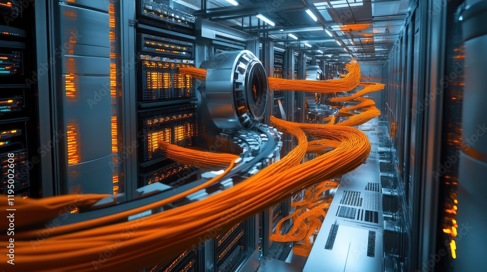 Poster a server room packed with rows of interconnected servers and vibrant orange cables, representing mod