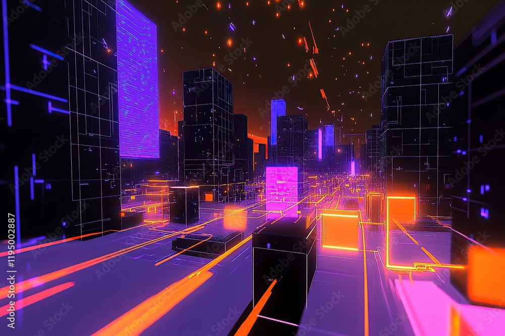 Poster 3d rendering of a futuristic cityscape with glowing data blocks and circuit patterns