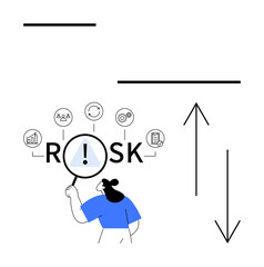 Person examines RISK text with a magnifying glass, surrounded by icons for analytics, collaboration, planning, and compliance. Ideal for risk management, decision-making, strategy, business analysis