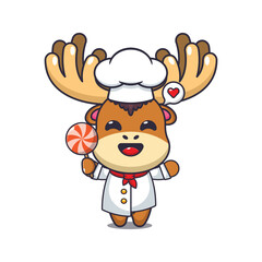 chef moose mascot cartoon character holding candy.