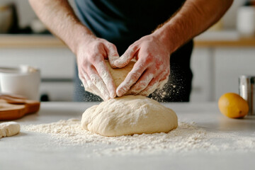 A person kneads dough on a countertop, surrounded by flour, with kitchen utensils and a lemon nearby, showcasing the art of baking.