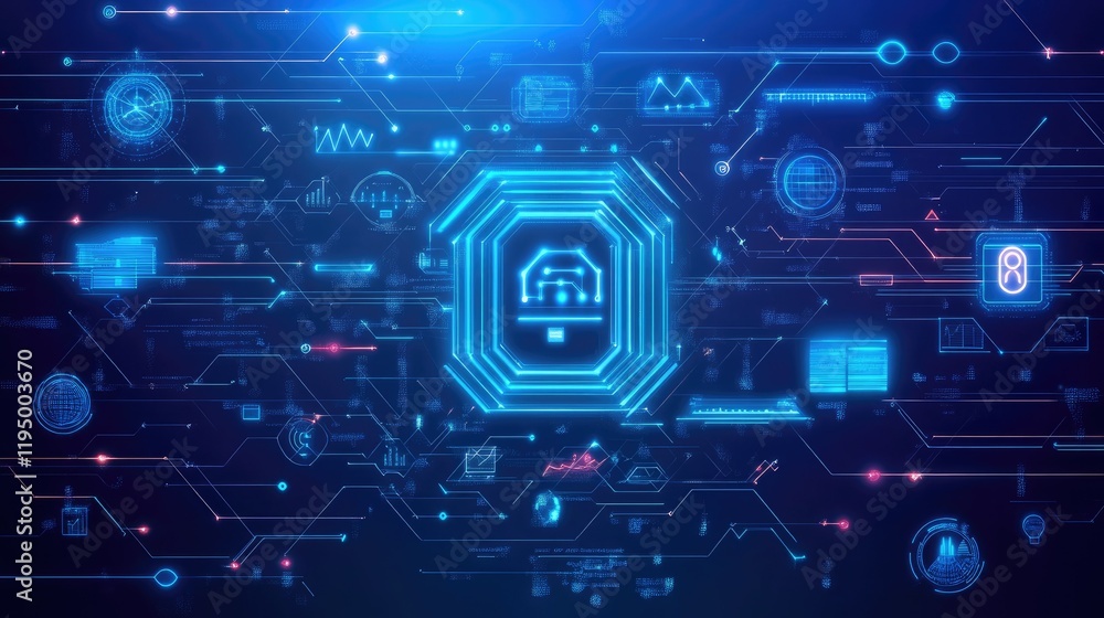 Poster abstract futuristic interface of ai and big data icons overlaying business graphs and analytics on a