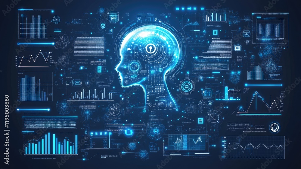 Poster abstract futuristic interface of ai and big data icons overlaying business graphs and analytics on a