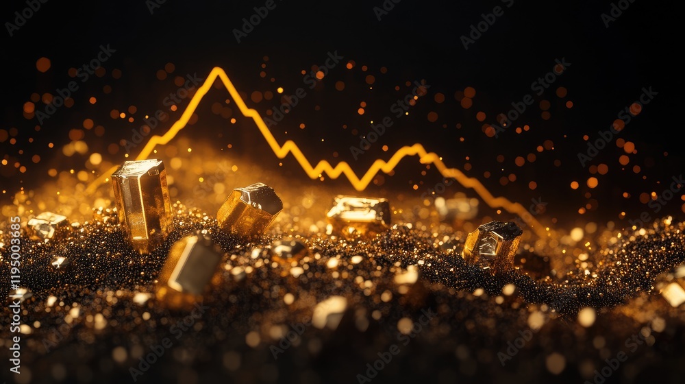 Poster a sleek gold line graph showing the upward trend of gold prices, set against a dark backdrop, with d