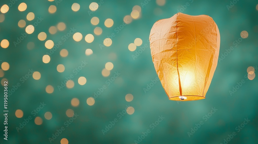 Poster colorful sky lantern glowing gently against a soft bokeh background creating a magical and serene at