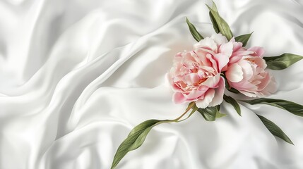 Flat Lay Banner Featuring a Bouquet of Pink Peonies on White Fabric: Spring Greeting Card Design with Copy Space for World Women's Day, Mother's Day, Valentine's Day, Birthday, and Wedding Concepts.