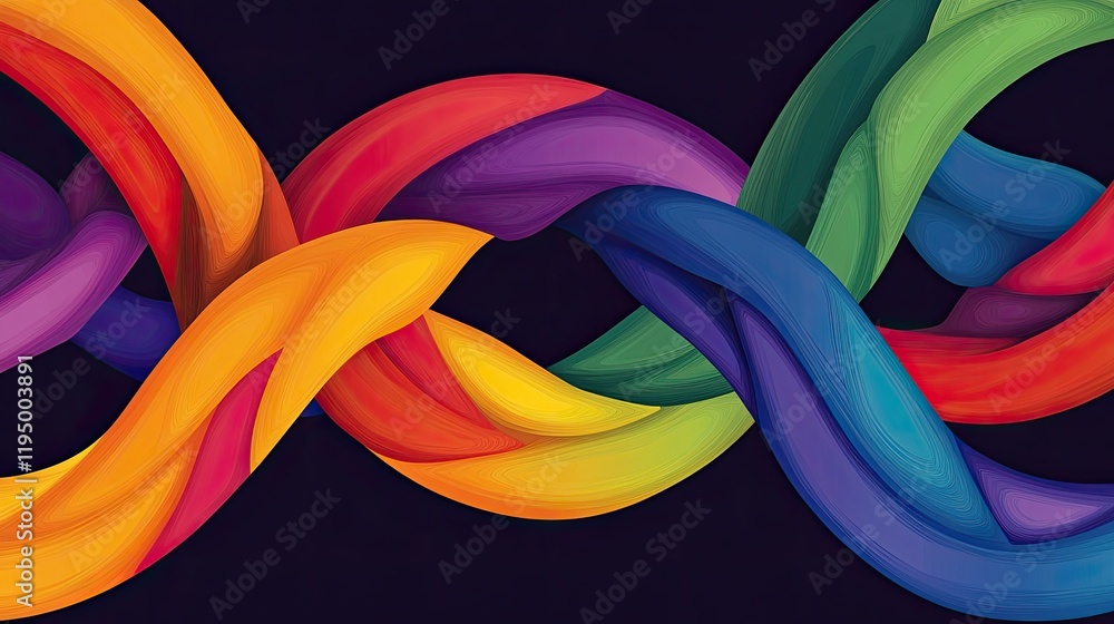 Poster abstract illustration of intertwining rainbow swirls on a dark backdrop, symbolizing unity and pride