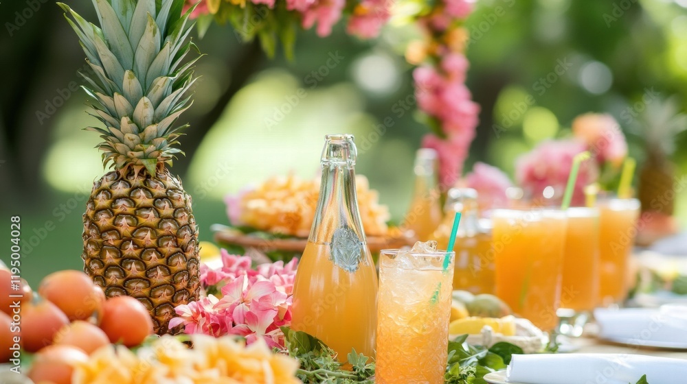Poster enjoying a delightful summer picnic with pineapples and tropical drinks in a lush garden setting. ge