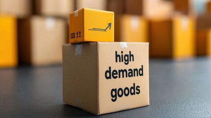 A close-up of stacked boxes labeled "high demand goods," emphasizing logistics, shipping, and supply chain management.