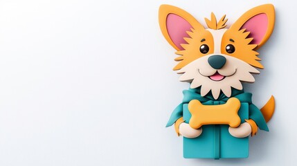 A cartoon dog is holding a bone in a blue box