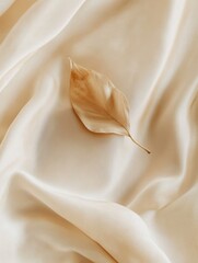 A single dry leaf lying on a crinkled, off-white fabric with a smooth texture. The leaf is light brown with visible veins and has a natural, organic appearance.