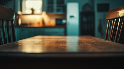 A soft-focus image of a light brown wooden table, set against a modern vintage kitchen backdrop, offering a cozy and nostalgic ambiance.