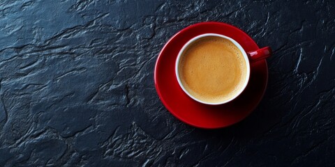 Aromatic coffee in a red cup on a textured black table from above with space for text showing rich golden brown beverage tones and vibrant red elements
