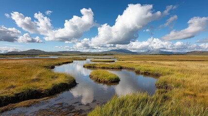 Fototapeta premium Serene Marsh Landscape with Lush Green Grass and Reflective Water Under a Bright Blue Sky with Fluffy Clouds