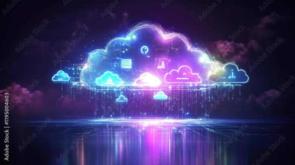 Poster advanced digital cloud computing concept with glowing data streams and floating icons, ample copy sp
