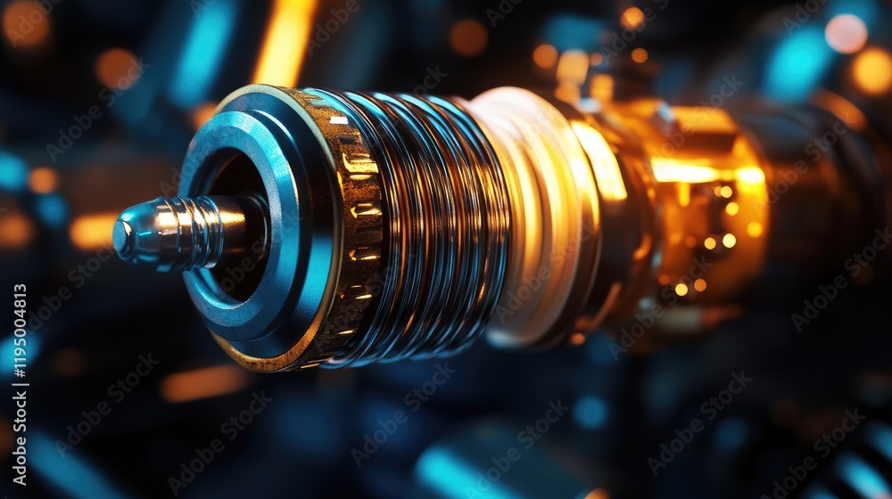 Fototapete A spark plug's intricate design and metallic texture shine in a close-up, with vibrant, dynamic lighting adding emphasis to its precision engineering.